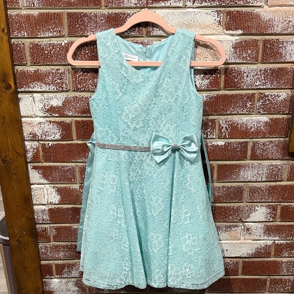 Bonnie Jean Girls Party Midi Dress Aqua Lace with Bow Full Skirt Size 12